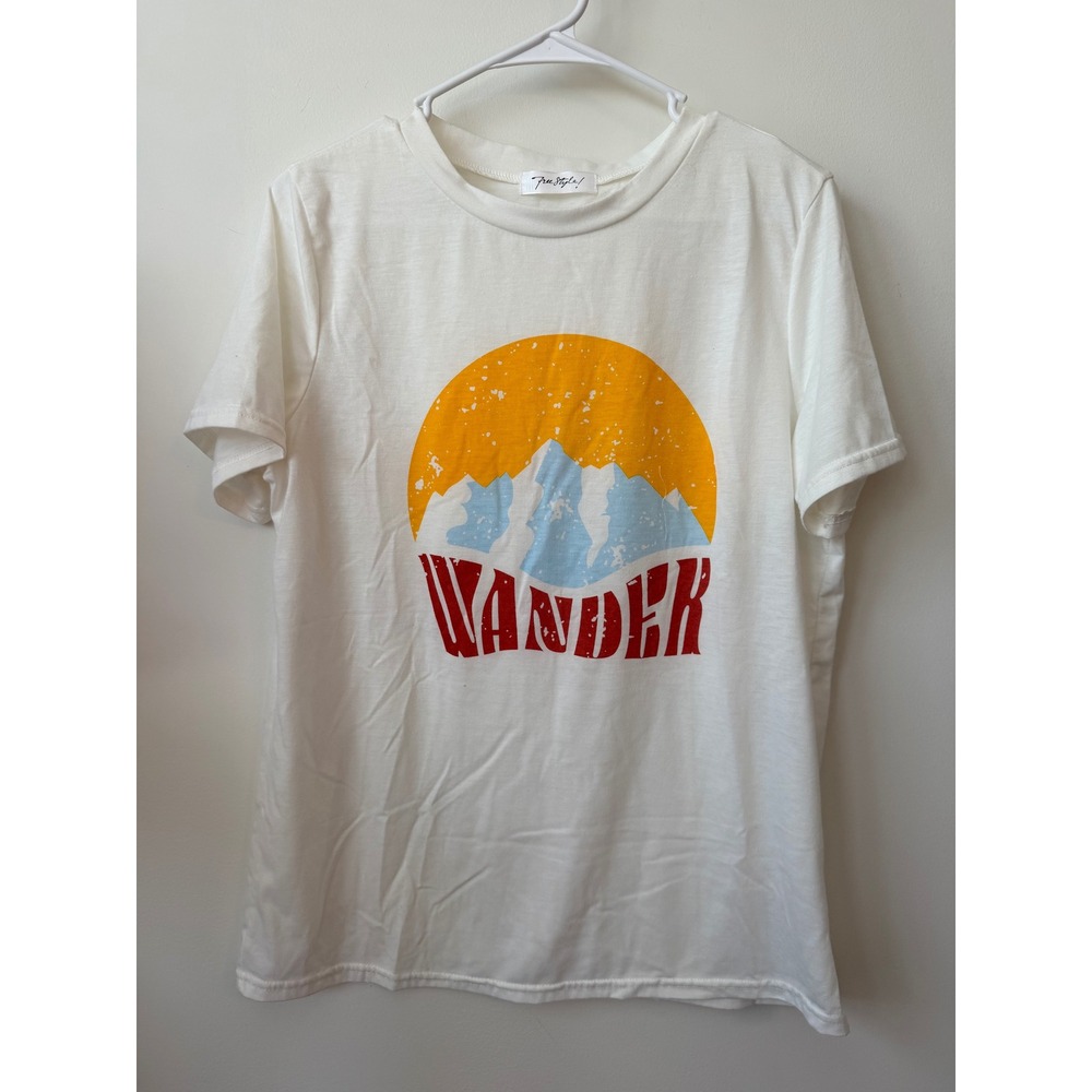 True Style Wander Mountain Sunset Graphic Tee Shirt Off White Large
